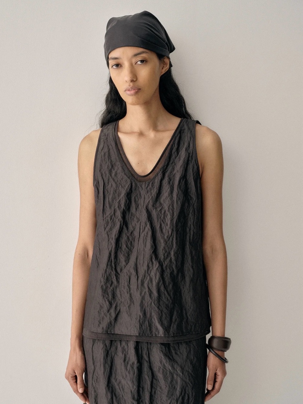 Women's Black Textured V-Neck Tank Top